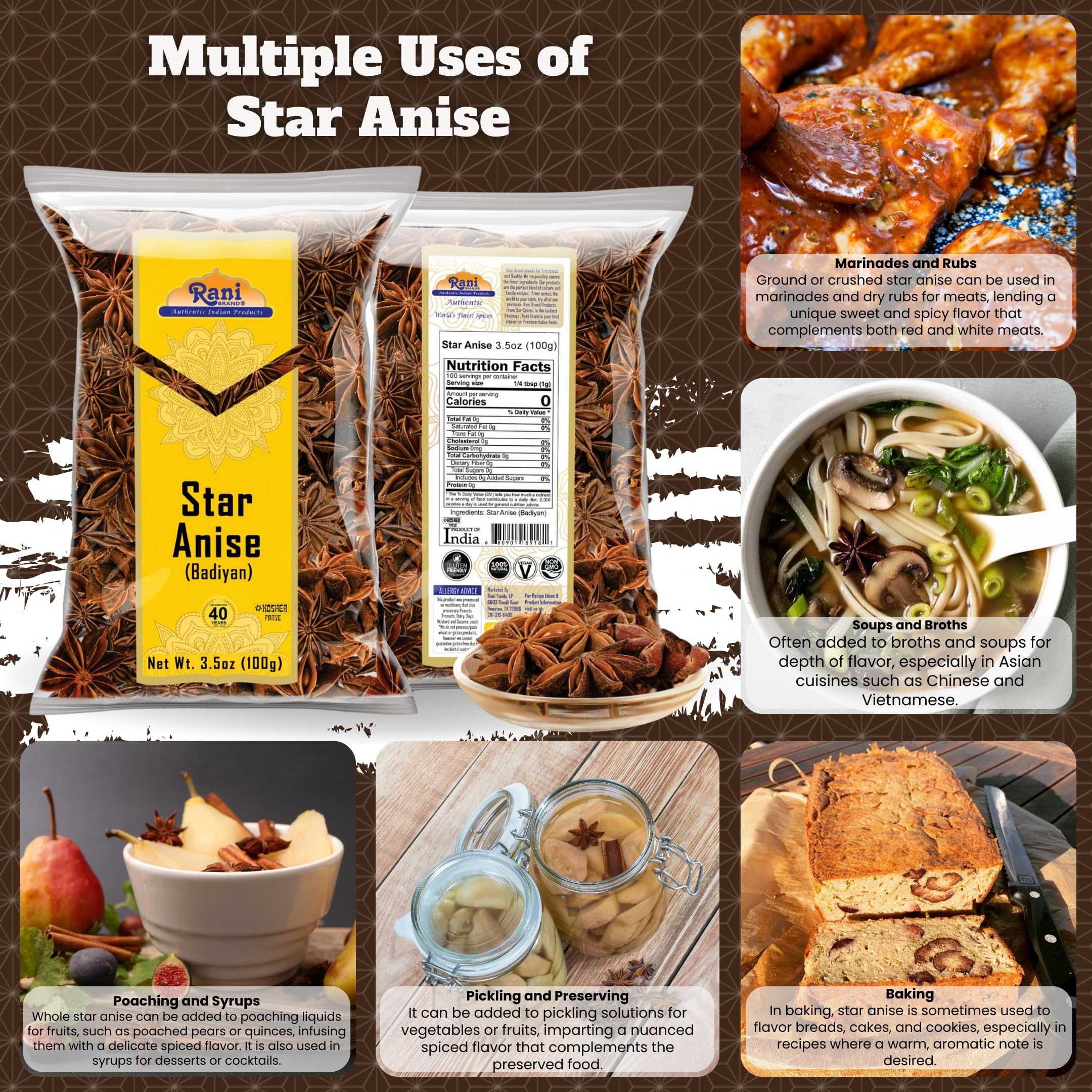 Rani Star Anise Seeds, Whole Pods (Badian Khatai) Spice 3.5oz (100g) ~ All Natural | Gluten Friendly | Kosher | Vegan | Whole Chinese Anise Star Sun Dried Spice, Anis Estrella / Illicium Verum, Widely Used for Baking, Drinks, Cooking, and Tea - Image 2