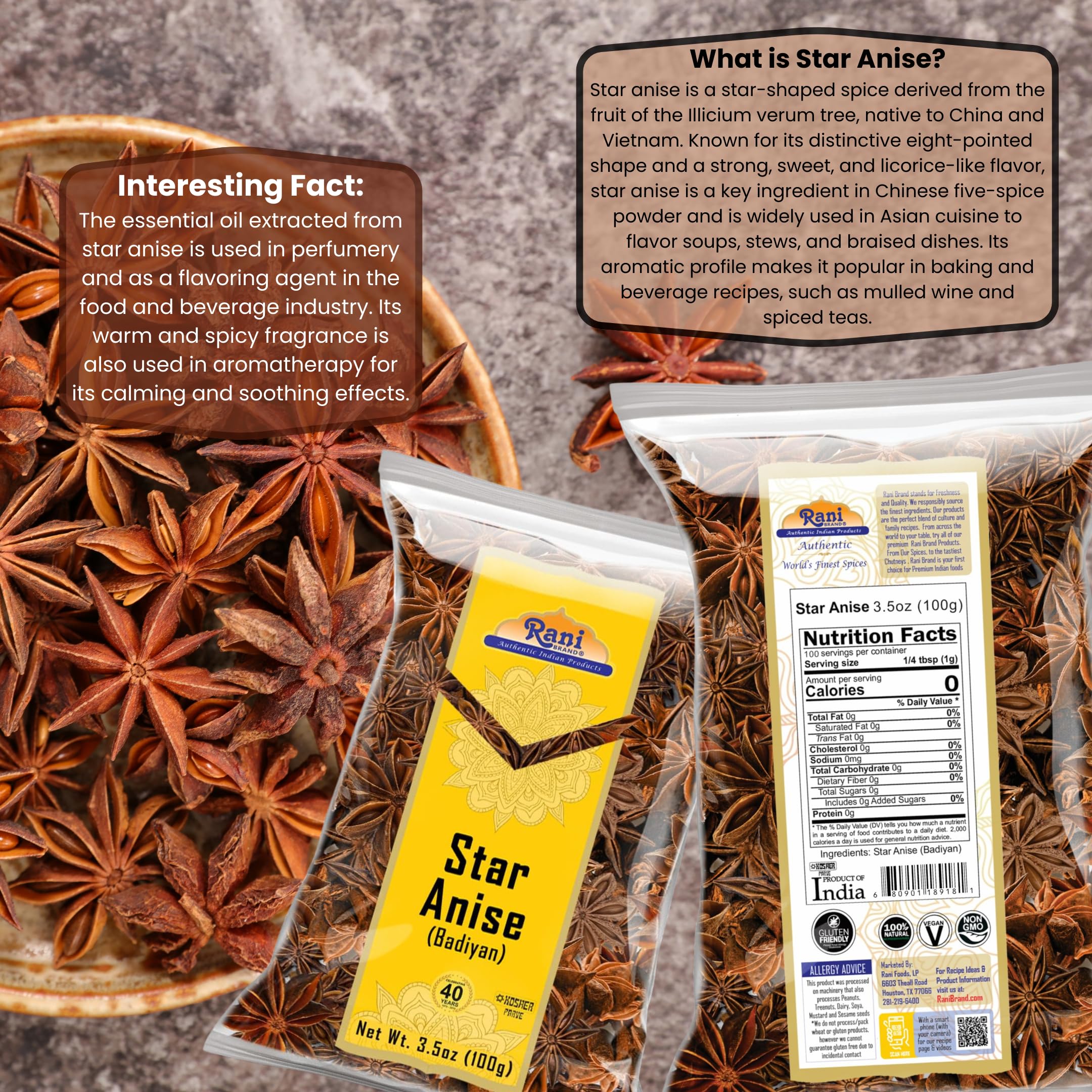 Rani Star Anise Seeds, Whole Pods (Badian Khatai) Spice 3.5oz (100g) ~ All Natural | Gluten Friendly | Kosher | Vegan | Whole Chinese Anise Star Sun Dried Spice, Anis Estrella / Illicium Verum, Widely Used for Baking, Drinks, Cooking, and Tea - Image 3