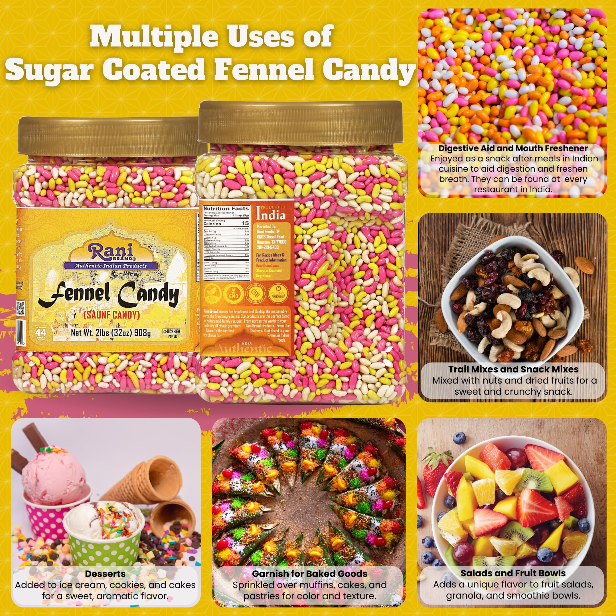 Rani Sugar Coated Fennel Candy 2lbs (32oz) 908g Bulk, PET Jar ~ Indian After Meal Digestive Treat | Vegan | Gluten Friendly | NON-GMO | Kosher | Indian Origin - Image 2