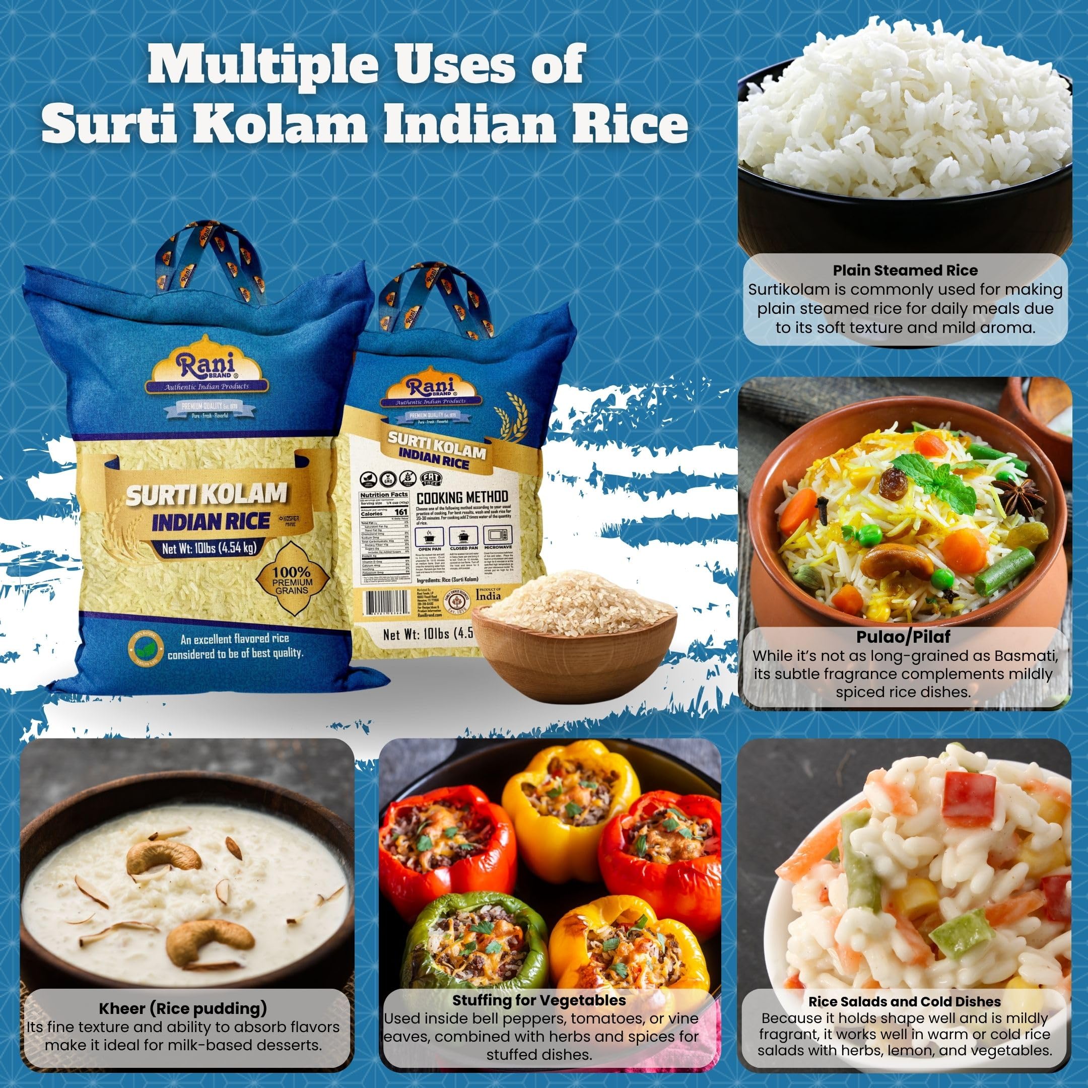 Rani Surti Kolam Indian Rice 160oz (10lbs) 4.54kg Cloth Bag ~ All Natural | Gluten Friendly | Vegan | Kosher | Export Quality | Indian Origin - Image 2