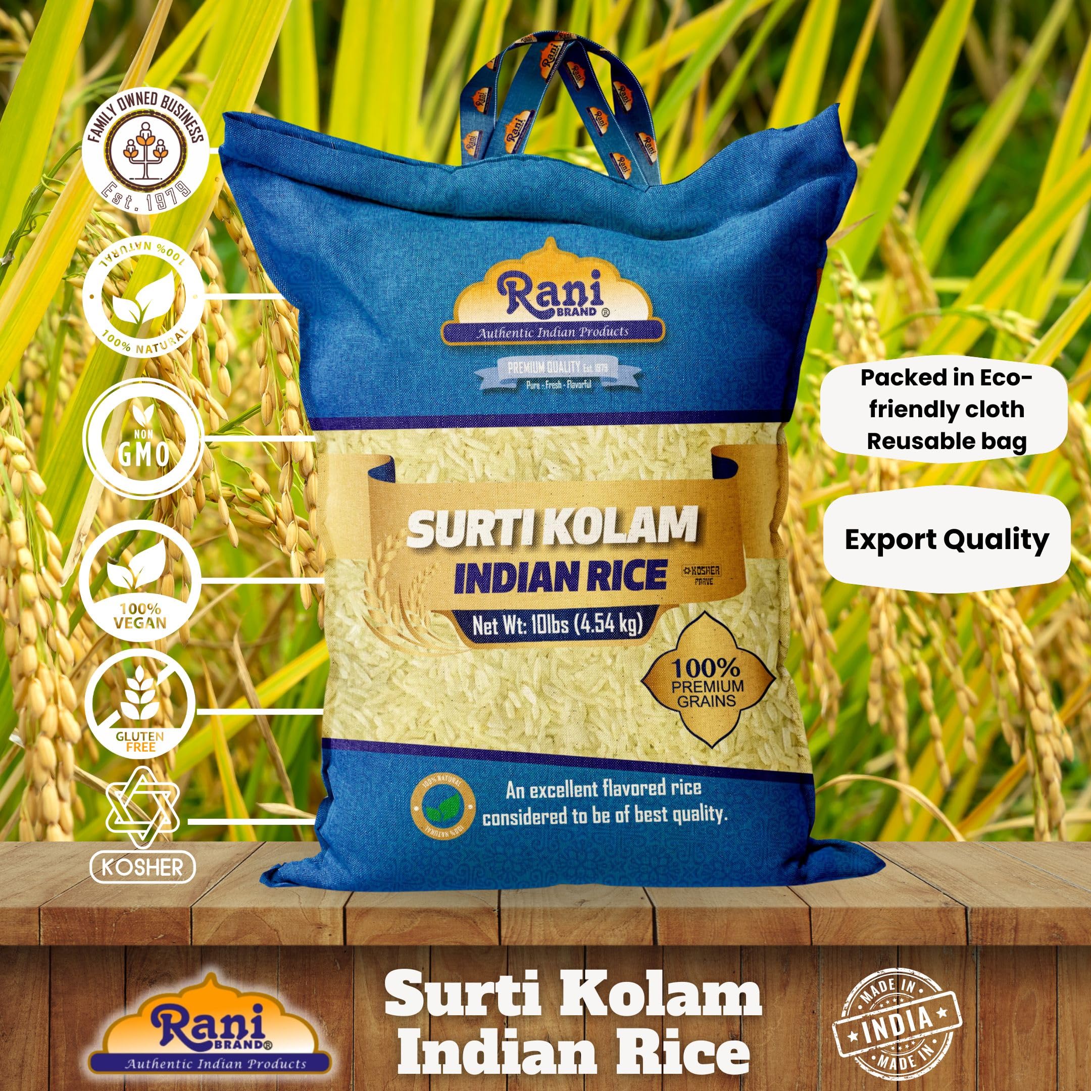 Rani Surti Kolam Indian Rice 160oz (10lbs) 4.54kg Cloth Bag ~ All Natural | Gluten Friendly | Vegan | Kosher | Export Quality | Indian Origin - Image 4