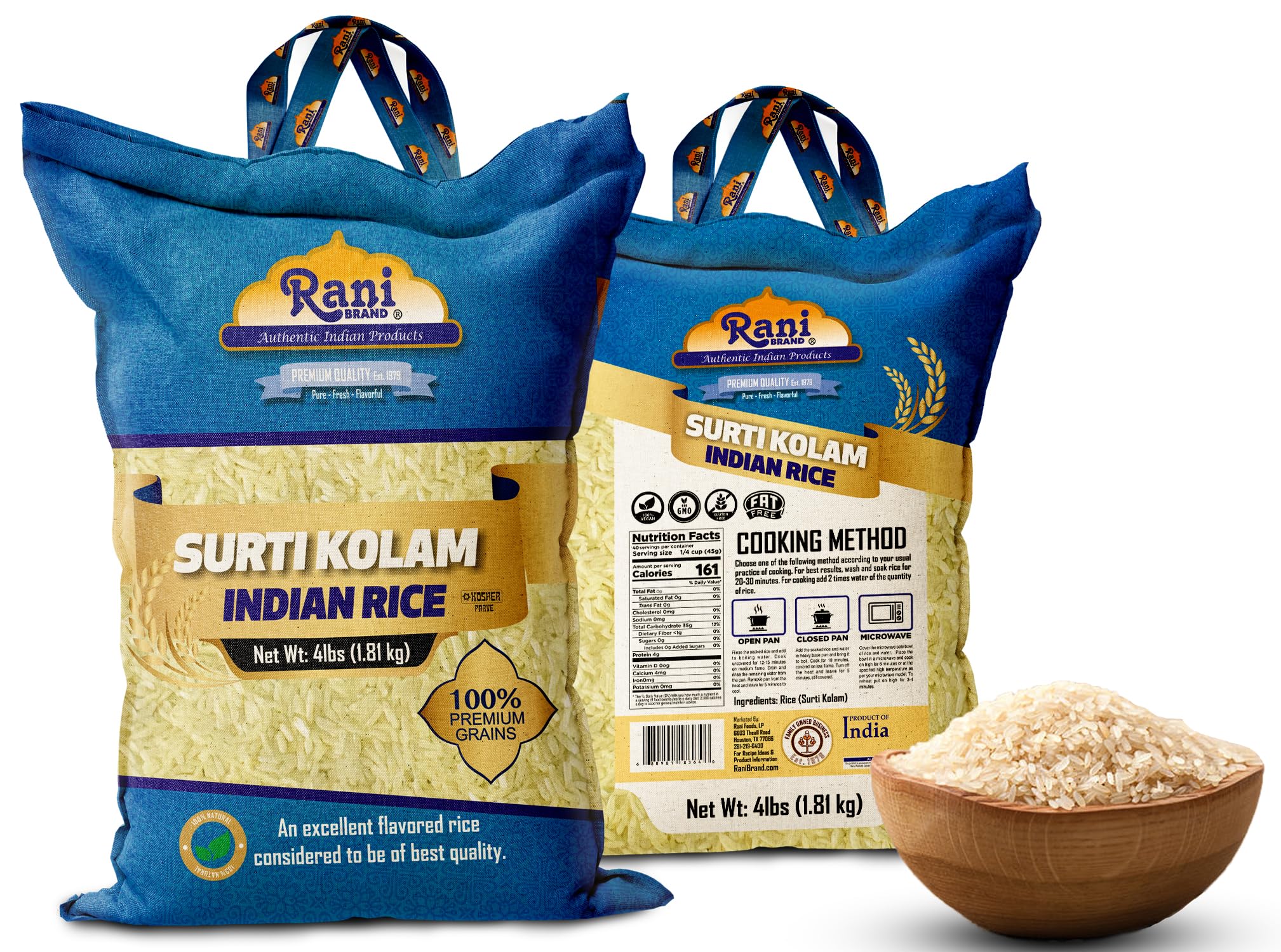 Rani Surti Kolam Indian Rice 64oz (4lbs) 1.81kg Cloth Bag ~ All Natural | Gluten Friendly | Vegan | Kosher | Export Quality | Indian Origin - Image 7
