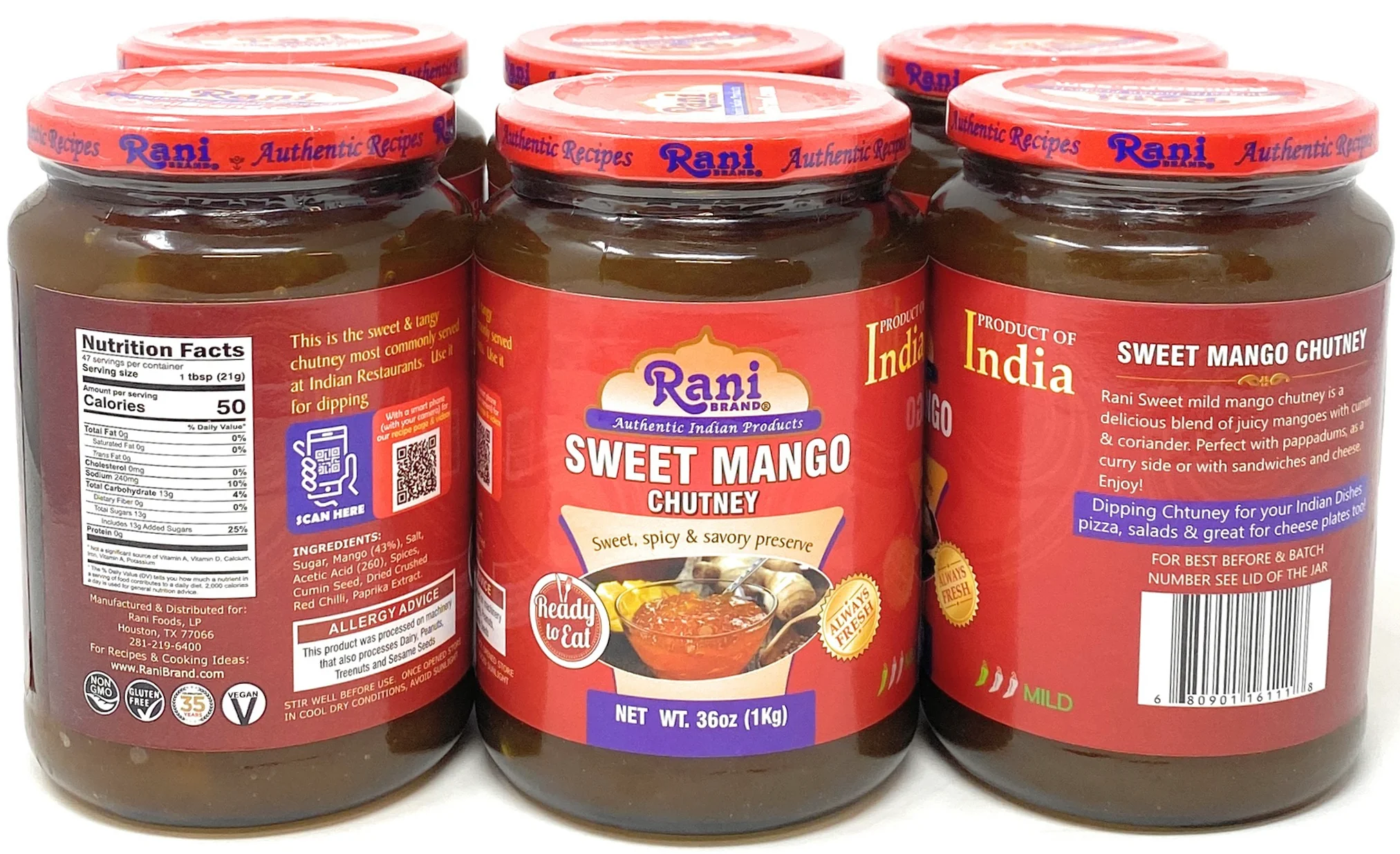 Rani Sweet Mango Chutney (Indian Preserve) 36oz (2.2lbs) 1kg Value Pack, Glass Jar, Ready to eat, Vegan, Pack of 5+1 ~ Gluten Free, All Natural, NON-GMO - Image 2