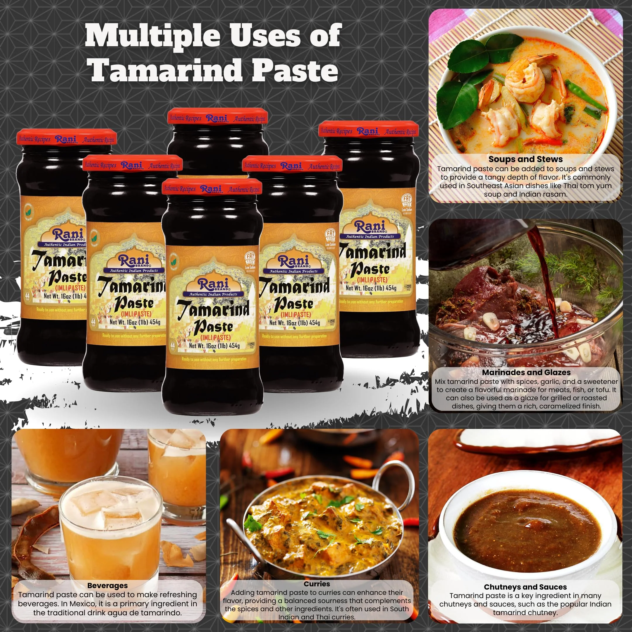Rani Tamarind Paste Puree (Imli) 16oz (1lb) 454g Glass Jar, No added sugar, Pack of 5+1 FREE ~ All Natural | Vegan | Gluten Free | No Colors | NON-GMO | Kosher | Indian Origin - Image 2