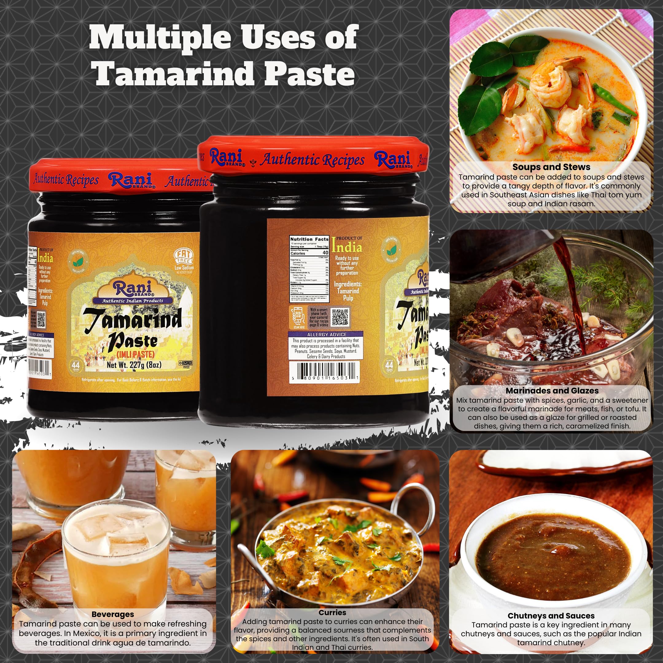 Rani Tamarind Paste Puree (Imli) 8oz (227g) Glass Jar, No added sugar ~ All Natural | Vegan | Gluten Free | No Colors | NON-GMO | Kosher | Indian Origin - Image 2