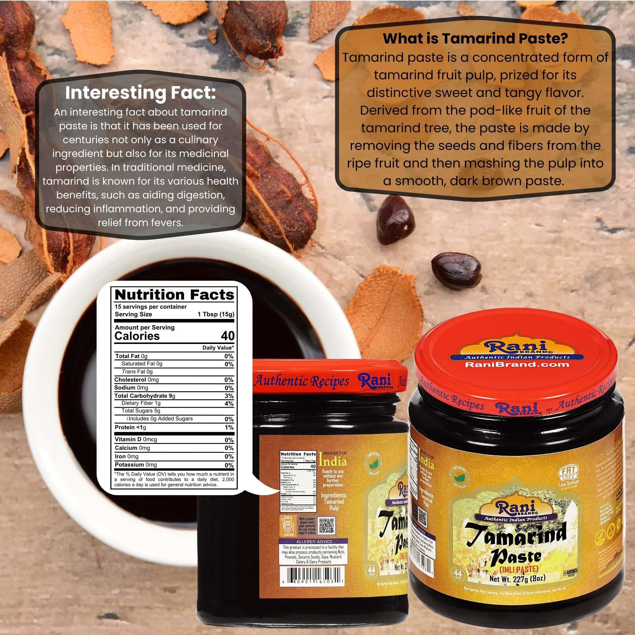 Rani Tamarind Paste Puree (Imli) 8oz (227g) Glass Jar, No added sugar ~ All Natural | Vegan | Gluten Free | No Colors | NON-GMO | Kosher | Indian Origin - Image 3