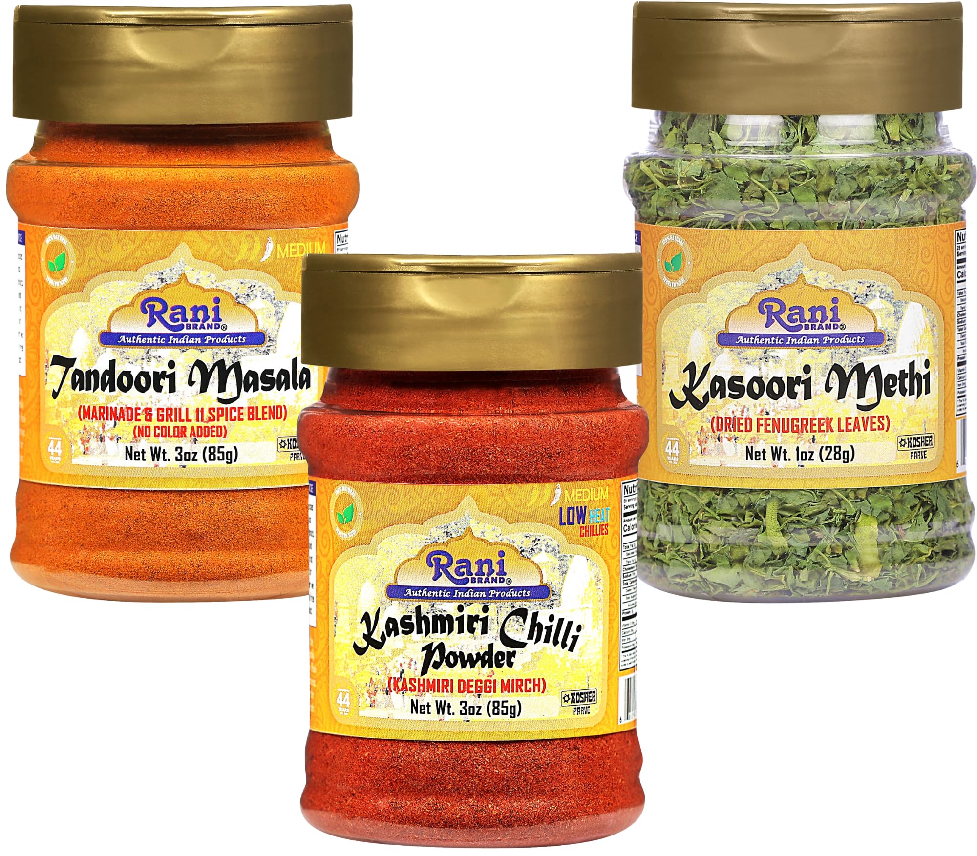 Rani Tandoori Masala 3oz (85g), Kashmiri Chilli Powder 3oz (85g), Kasoori Methi 1oz (28g) PET Jar Combo Pack of 3 ~ All Natural | Vegan | Gluten Friendly | NON-GMO | Indian Origin - Image 2
