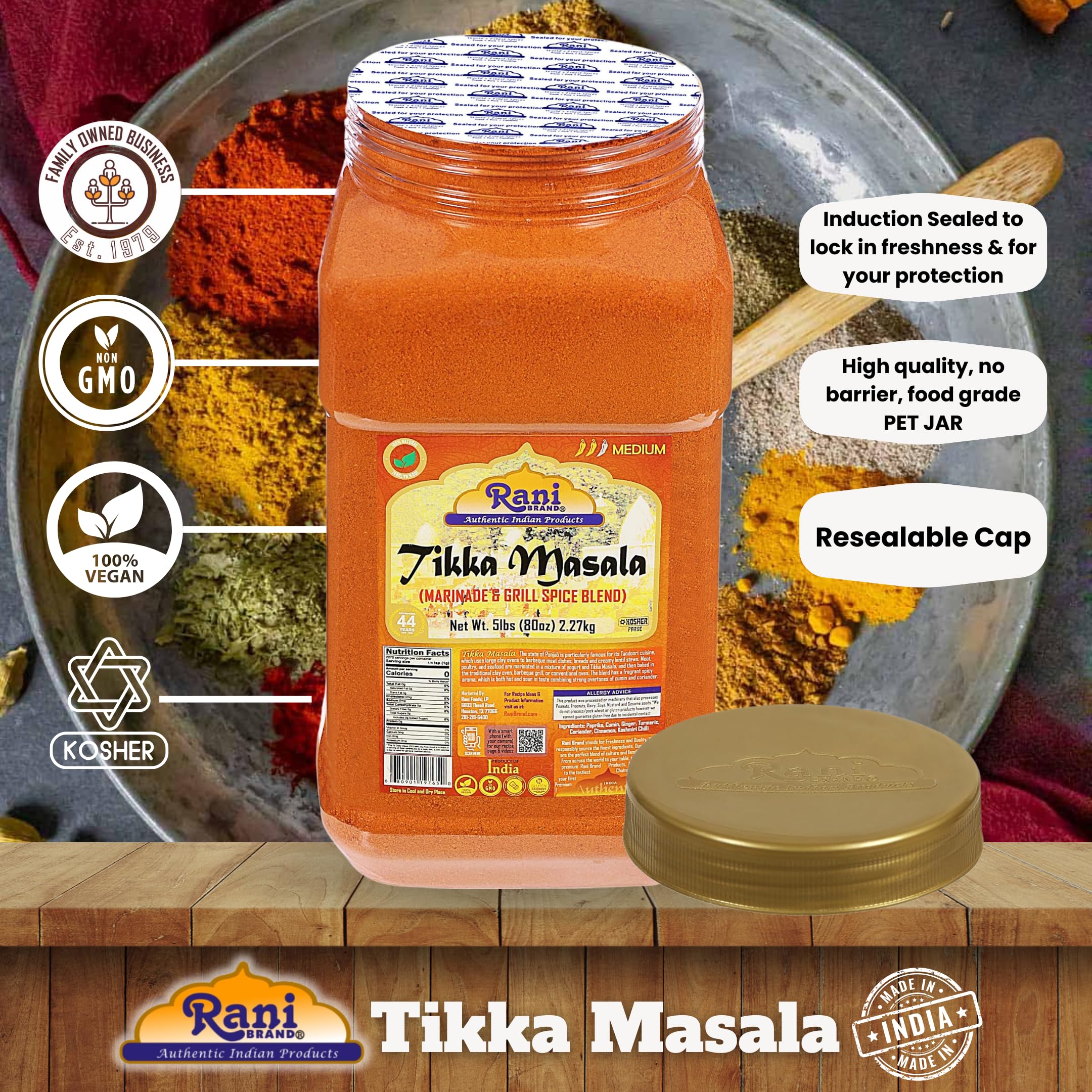Rani Tikka Masala Indian 7-Spice Blend 80oz (5lbs) 2.27kg Bulk PET Jar ~ All Natural | Salt-Free | Vegan | No Colors | Gluten Friendly | NON-GMO | Kosher | Indian Origin - Image 4