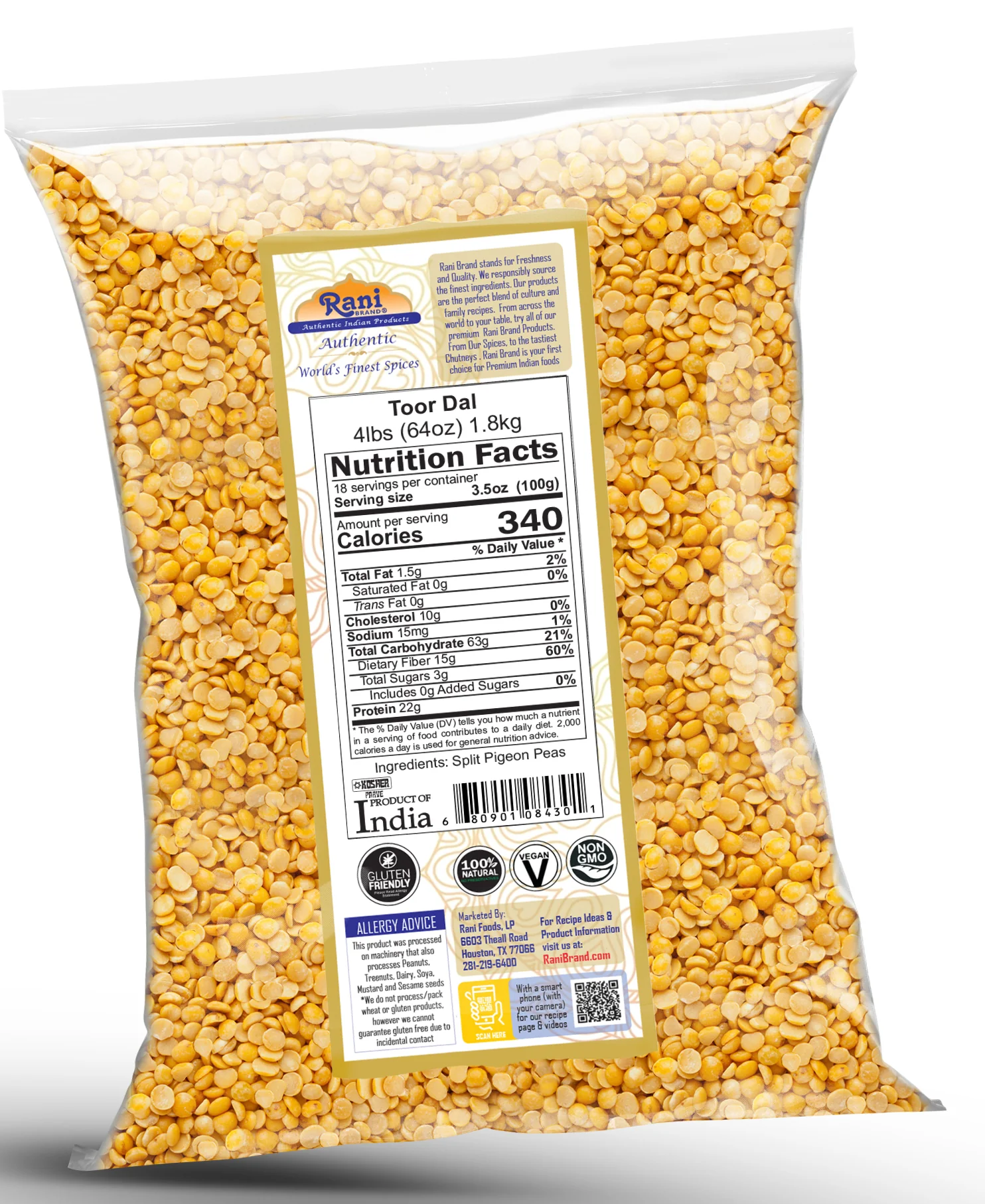 Rani Toor Dal (Split Pigeon Peas) 64oz (4lbs) 1.81kg ~ All Natural | Gluten Friendly | NON-GMO | Kosher | Vegan | Indian Origin - Image 6