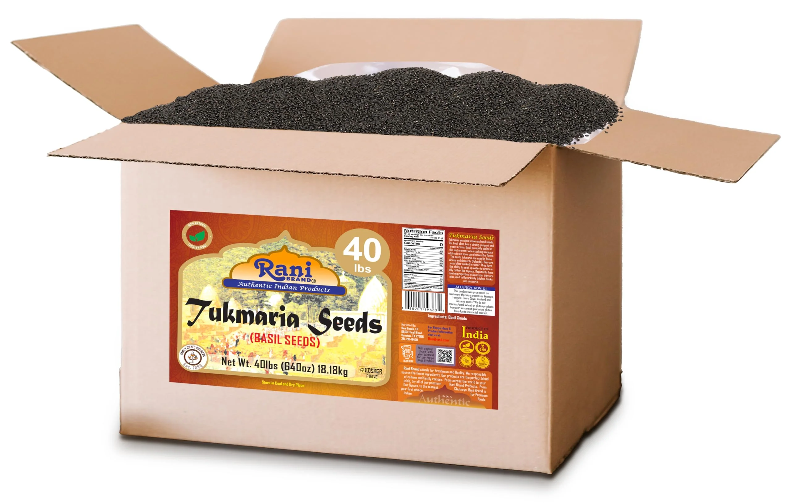 Rani Tukmaria (Holy Basil Seeds) 640oz (40lbs) 18.14kg Used for Falooda / Sabja Dessert, Spice & Ayurveda Herbal ~ All Natural | Gluten Friendly | NON-GMO | Kosher | Vegan | Indian Origin - Image 3