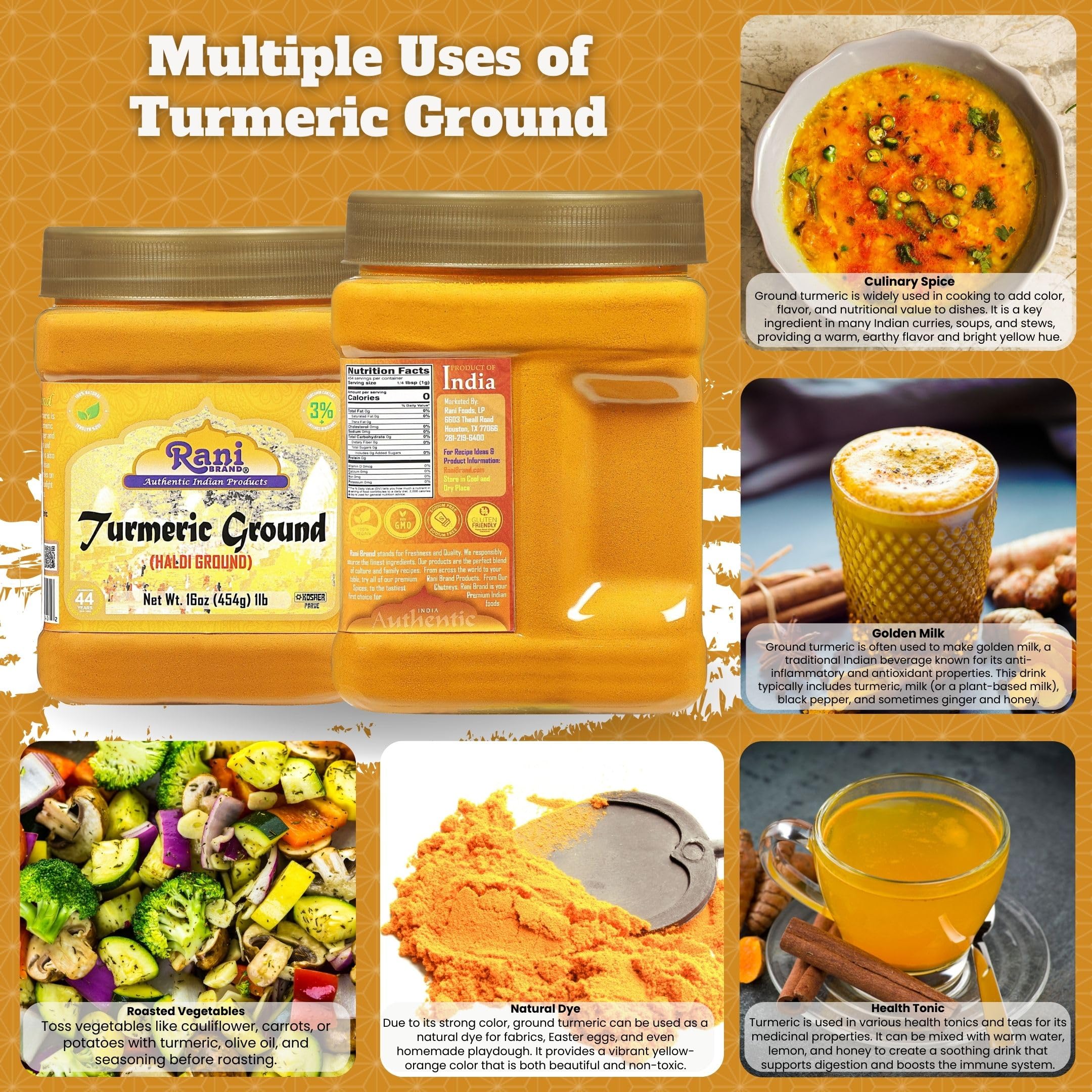 Rani Turmeric (Haldi) Root Powder Spice, (High Curcumin Content) 16oz (1lb) 454g PET Jar ~ All Natural | 100% Pure, Salt Free | Vegan | Gluten Friendly | NON-GMO | Kosher | Indian Origin - Image 2
