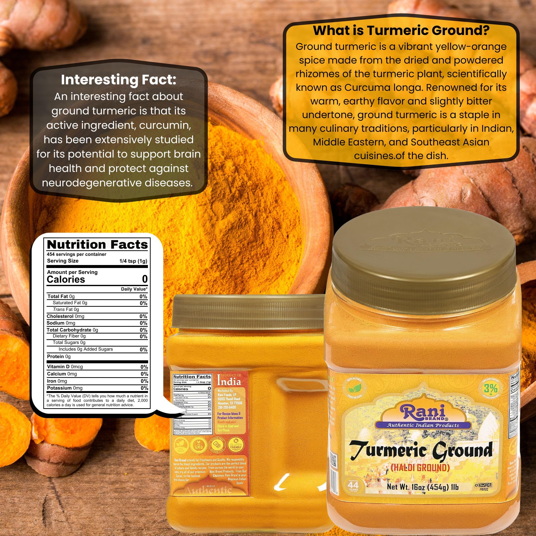 Rani Turmeric (Haldi) Root Powder Spice, (High Curcumin Content) 16oz (1lb) 454g PET Jar ~ All Natural | 100% Pure, Salt Free | Vegan | Gluten Friendly | NON-GMO | Kosher | Indian Origin - Image 3