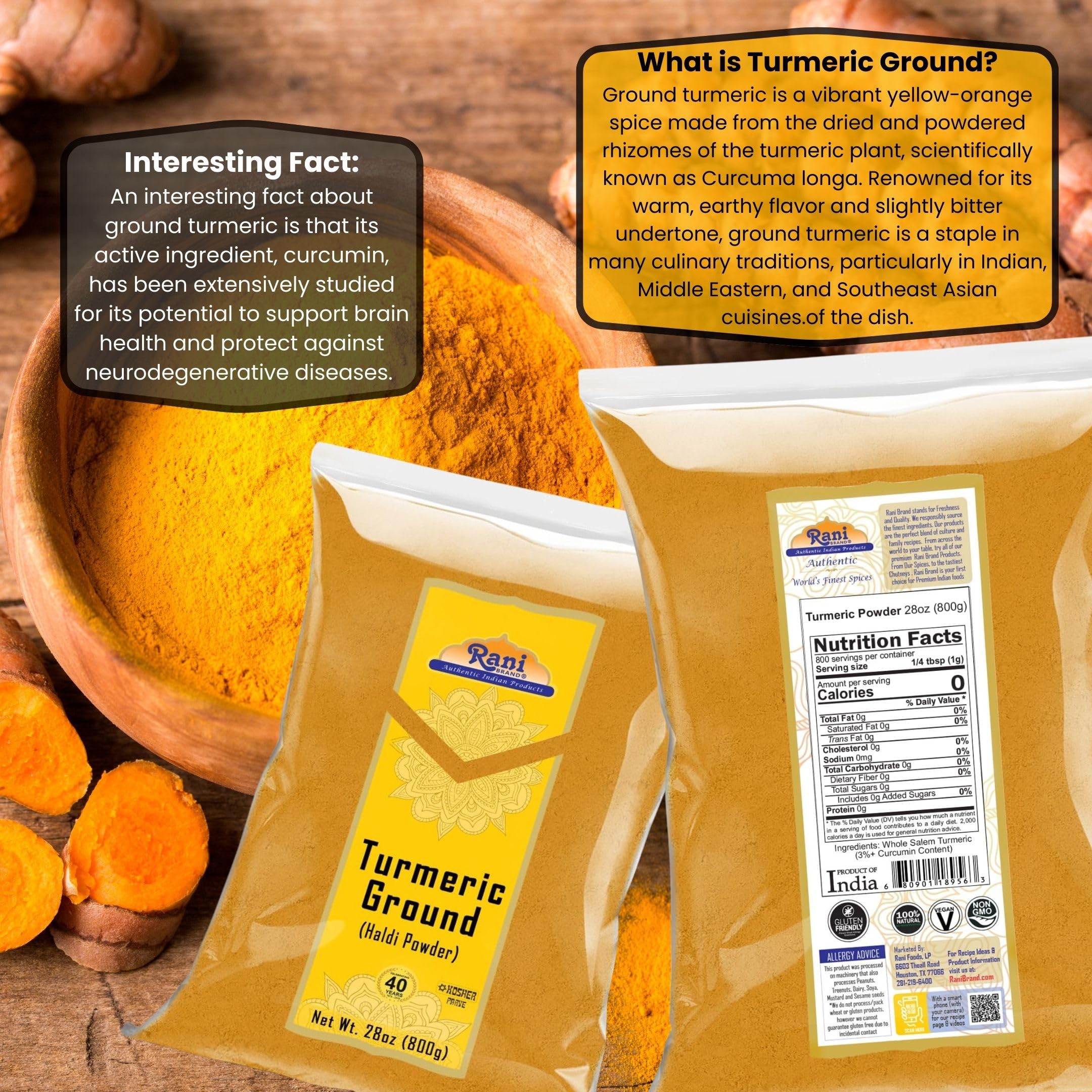Rani Turmeric (Haldi) Root Powder Spice, (High Curcumin Content) 28oz (800g) ~ All Natural | 100% Pure, Salt Free | Vegan | Gluten Friendly | NON-GMO | Kosher | Indian Origin - Image 3