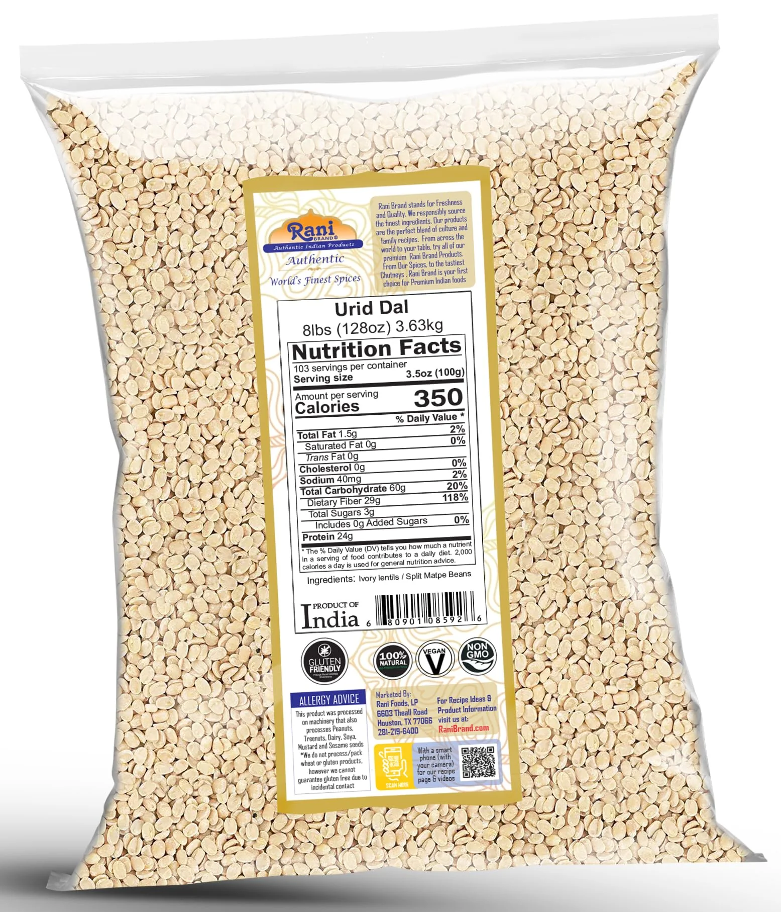 Rani Urid/Urad Dal (Split Matpe Beans Skinless) Indian Lentils 128oz (8lbs) 3.63kg Bulk ~ All Natural | Gluten Friendly | NON-GMO | Kosher | Vegan | Indian Origin - Image 7