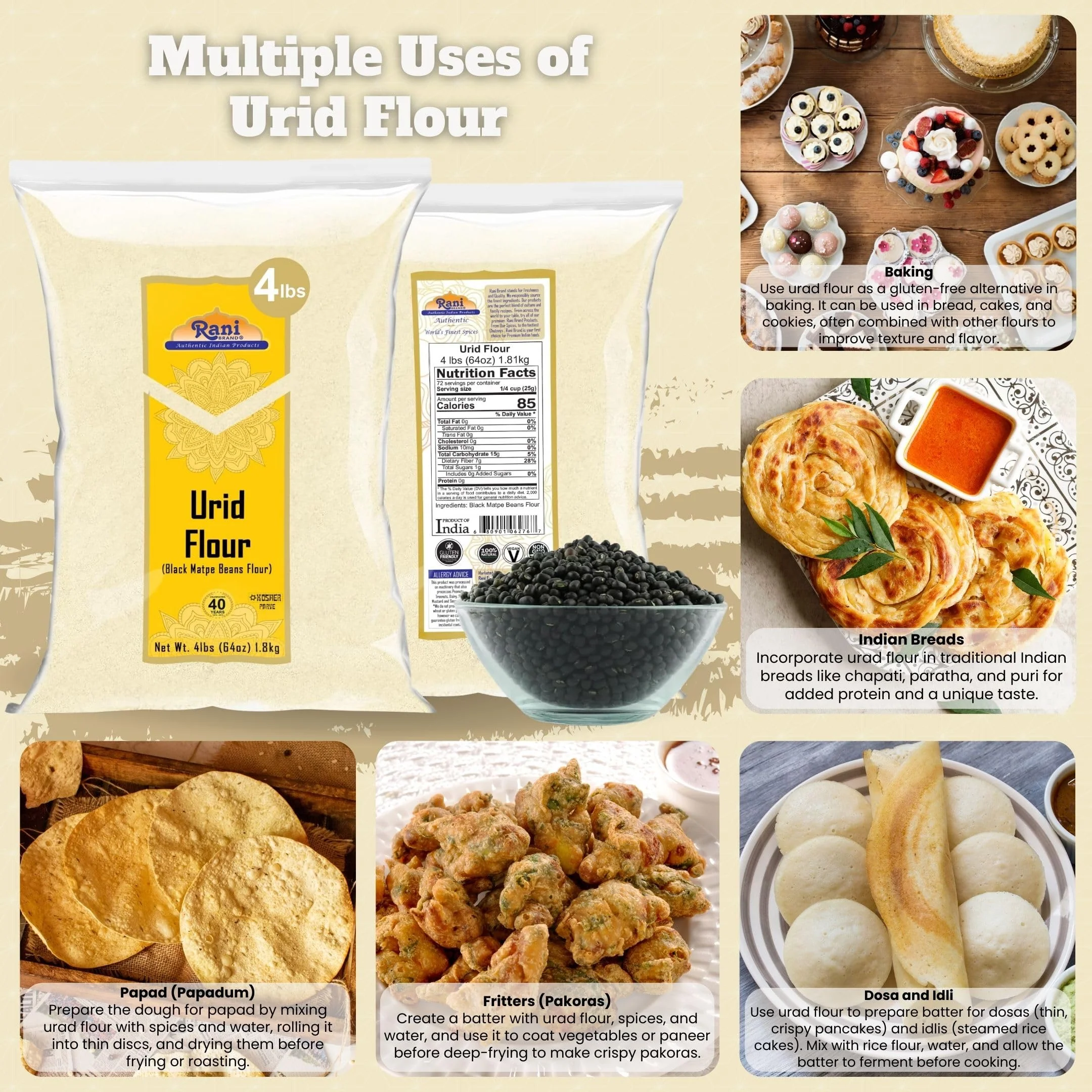 Rani Urid/Urad Flour (Black Matpe Beans Flour) 64oz (4lbs) 1.81kg Bulk ~ All Natural | Vegan | Gluten Friendly | NON-GMO | Kosher | Indian Origin - Image 2