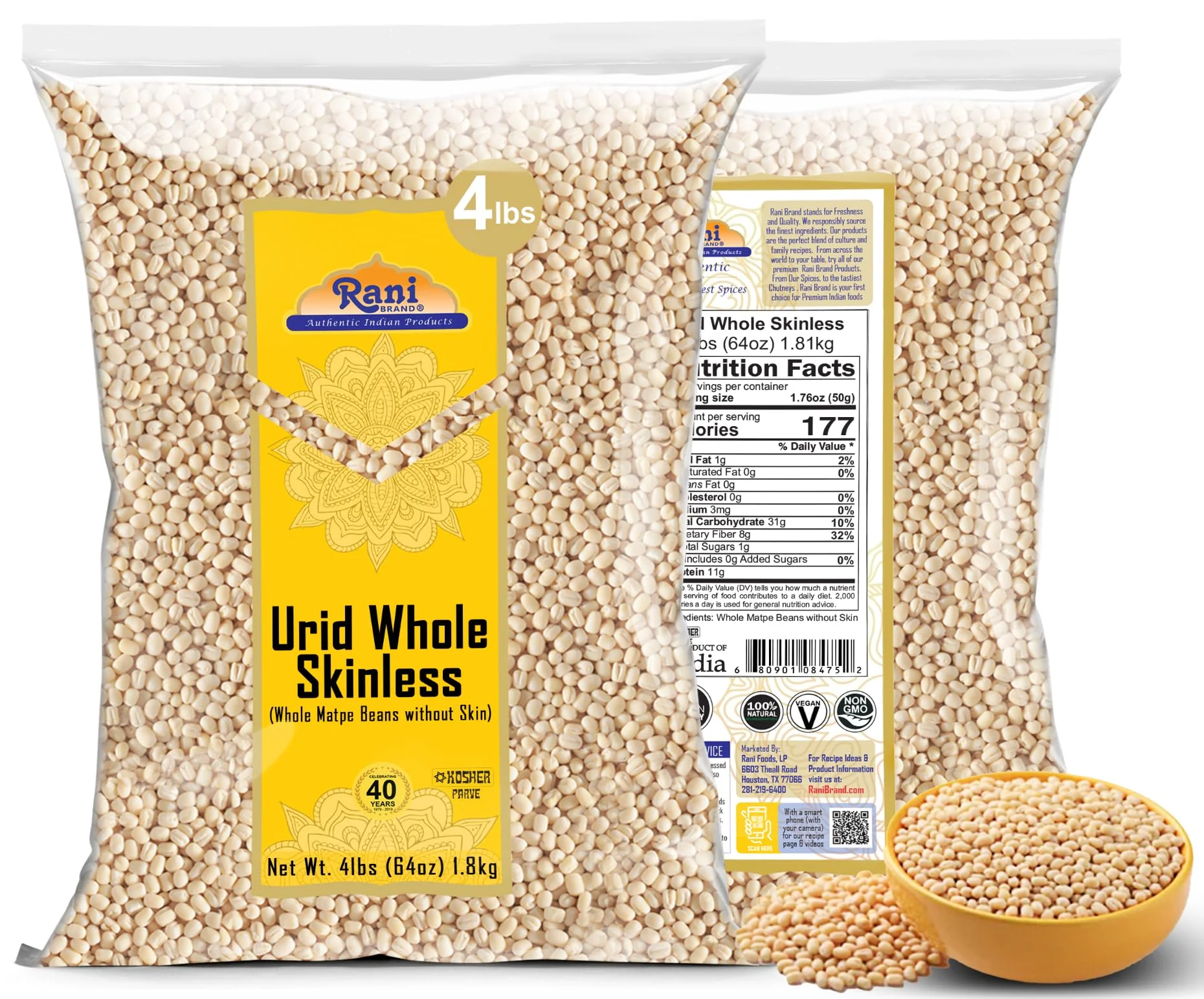 Rani Urid/Urad Gota White (Matpe Beans Skinless) Indian Lentils 64oz (4lbs) 1.81kg Bulk ~ All Natural | Gluten Friendly | NON-GMO | Kosher | Vegan | Indian Origin - Image 6