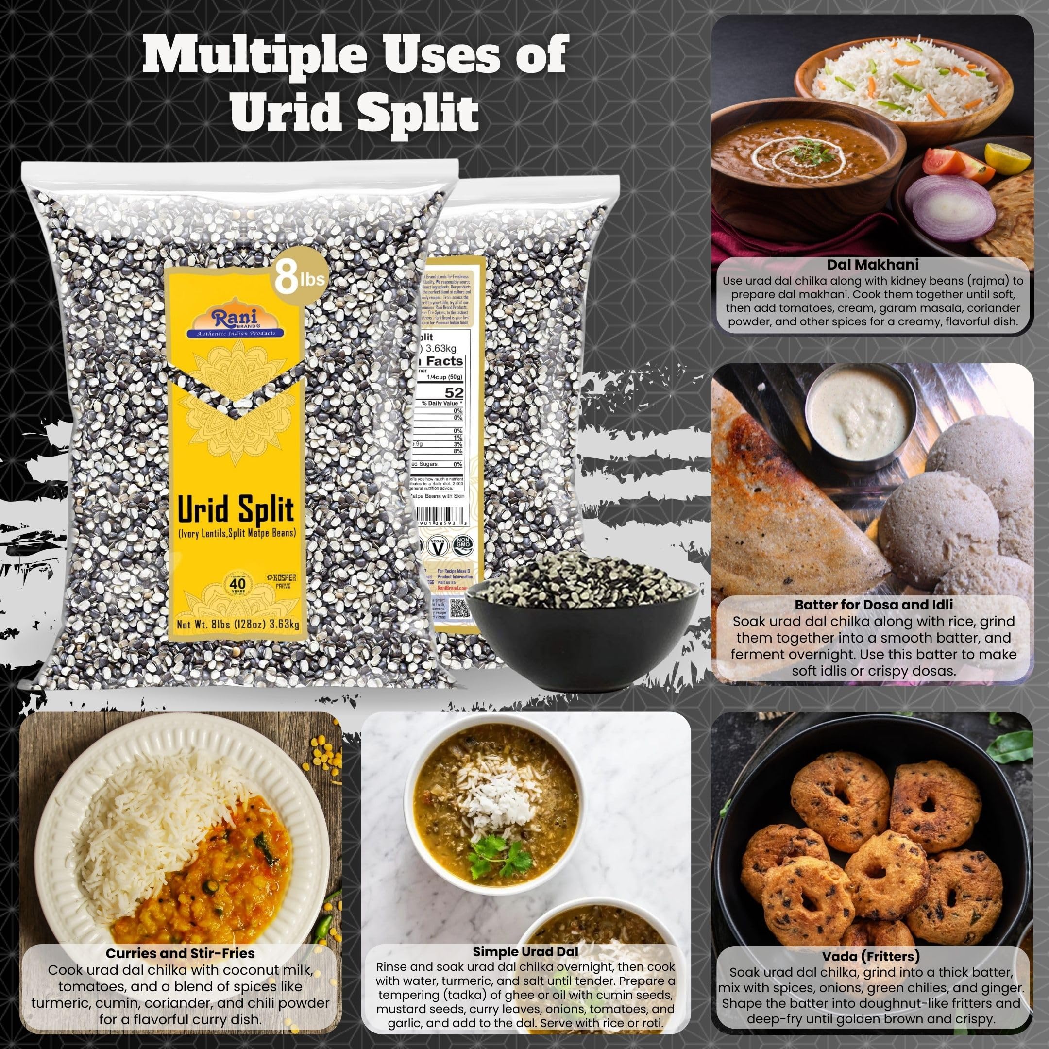 Rani Urid/Urad Split Chilka (Split Matpe Beans with Skin) Indian Lentils 128oz (8lbs) 3.63kg Bulk ~ All Natural | Gluten Friendly | NON-GMO | Kosher | Vegan | Indian Origin - Image 2