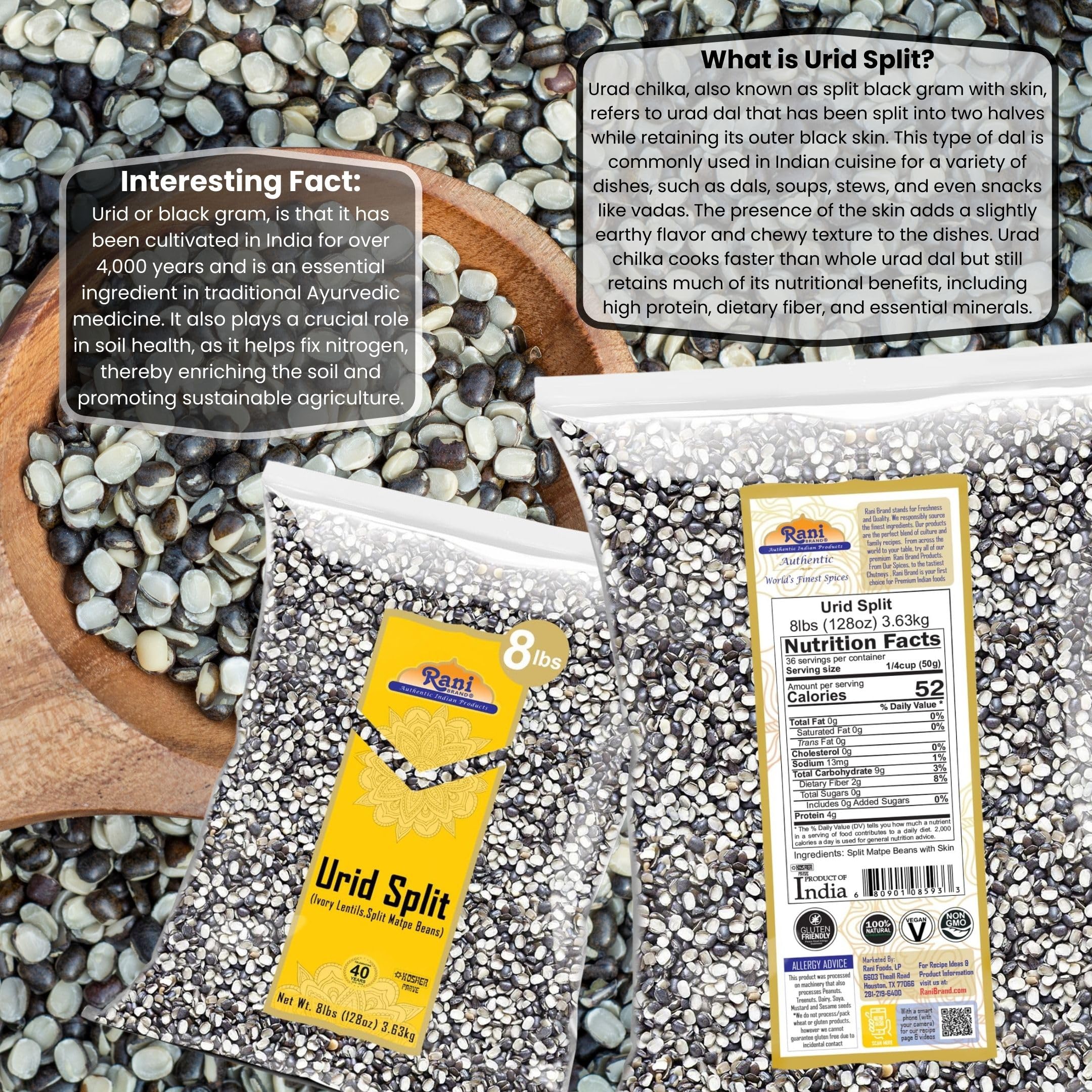Rani Urid/Urad Split Chilka (Split Matpe Beans with Skin) Indian Lentils 128oz (8lbs) 3.63kg Bulk ~ All Natural | Gluten Friendly | NON-GMO | Kosher | Vegan | Indian Origin - Image 3