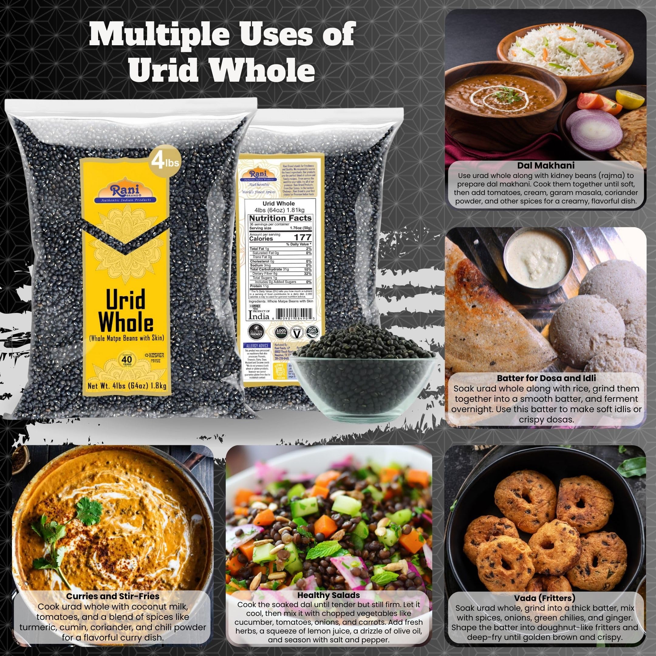 Rani Urid/Urad Whole Black (Matpe Beans with Skin) Indian Lentils 64oz (4lbs) 1.81kg Bulk~ All Natural | Gluten Friendly | NON-GMO | Kosher | Vegan | Indian Origin - Image 2
