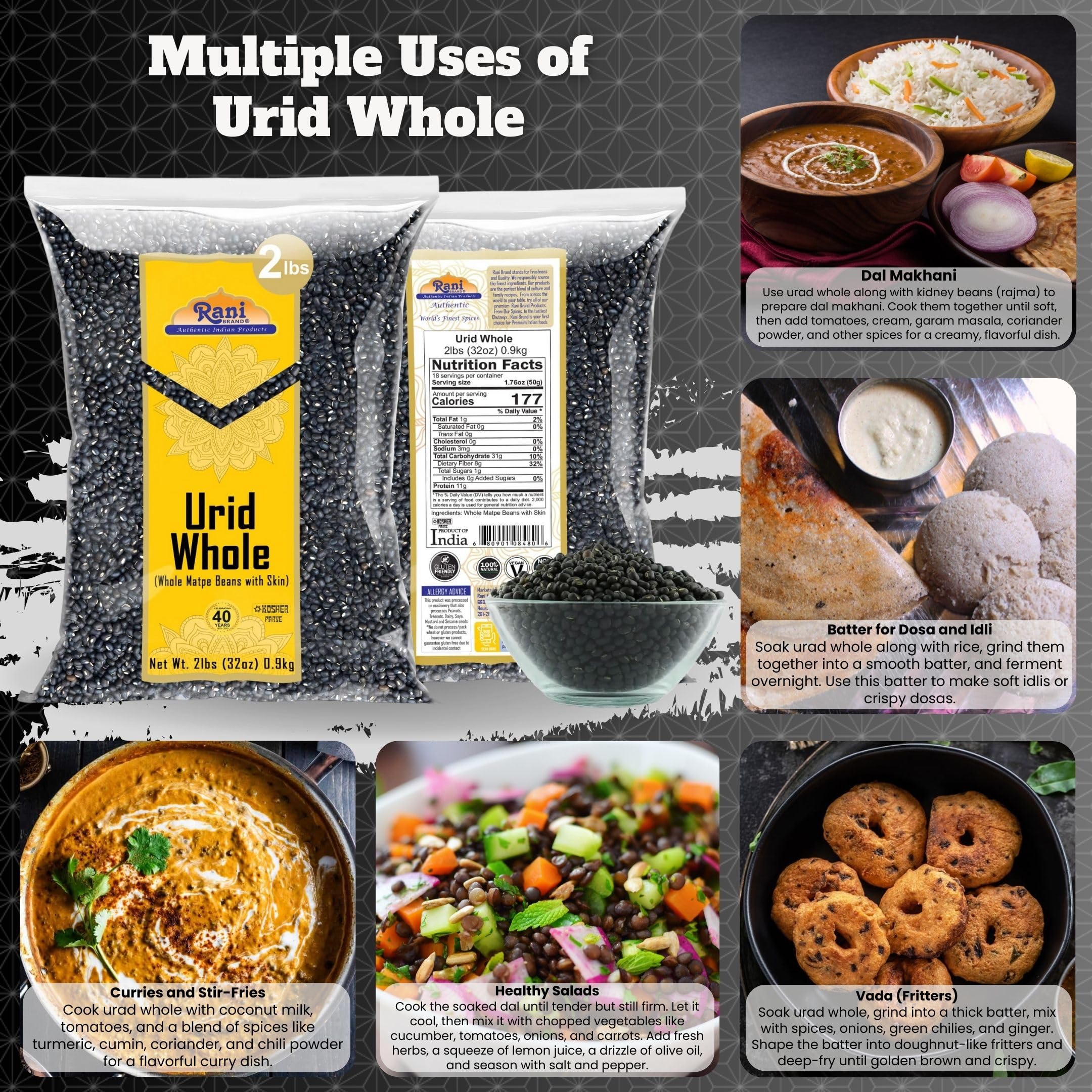 Rani Urid/Urad Whole Black (Matpe Beans with Skin) Indian Lentils 32oz (2lbs) 908g ~ All Natural | Gluten Friendly | NON-GMO | Kosher | Vegan | Indian Origin - Image 2