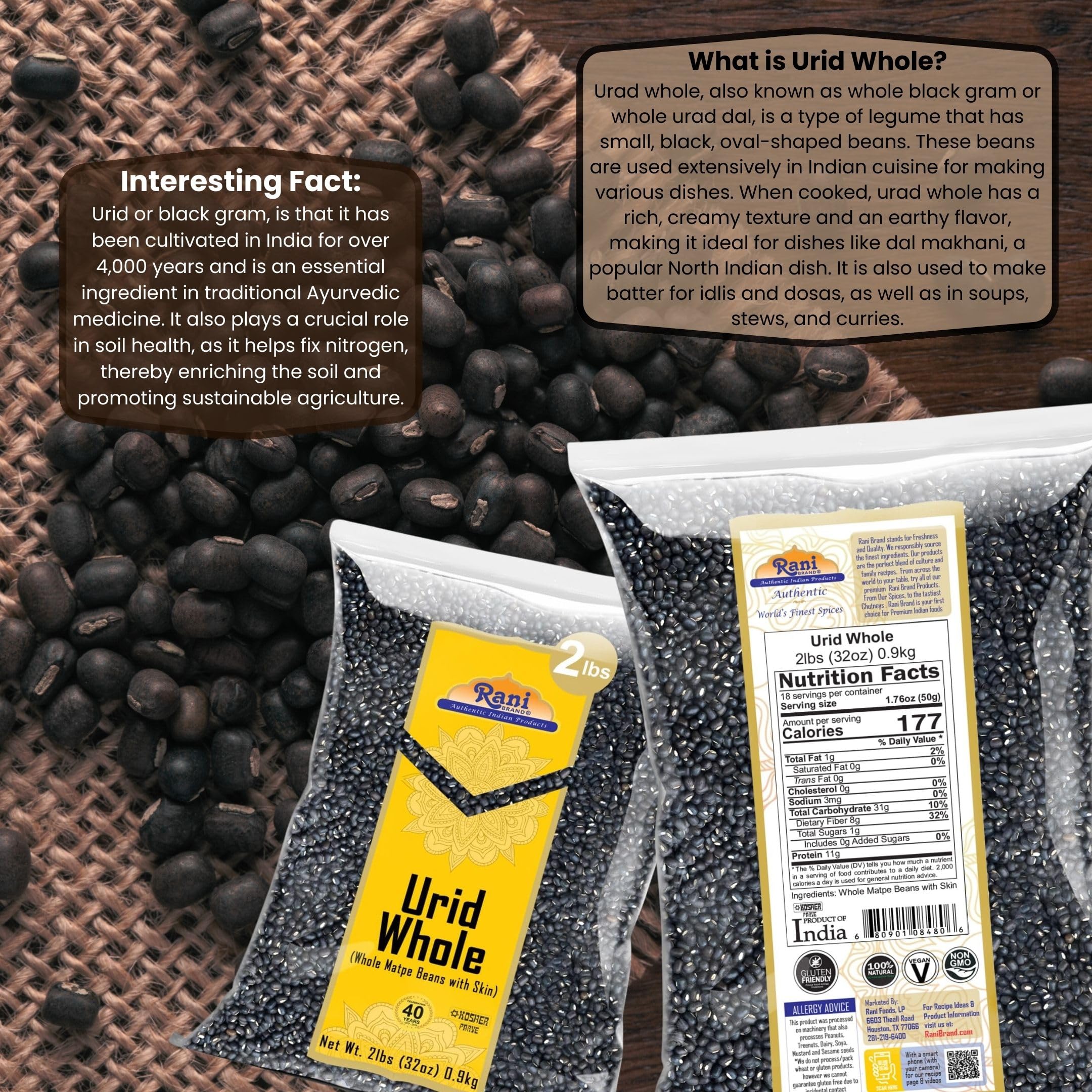 Rani Urid/Urad Whole Black (Matpe Beans with Skin) Indian Lentils 32oz (2lbs) 908g ~ All Natural | Gluten Friendly | NON-GMO | Kosher | Vegan | Indian Origin - Image 3