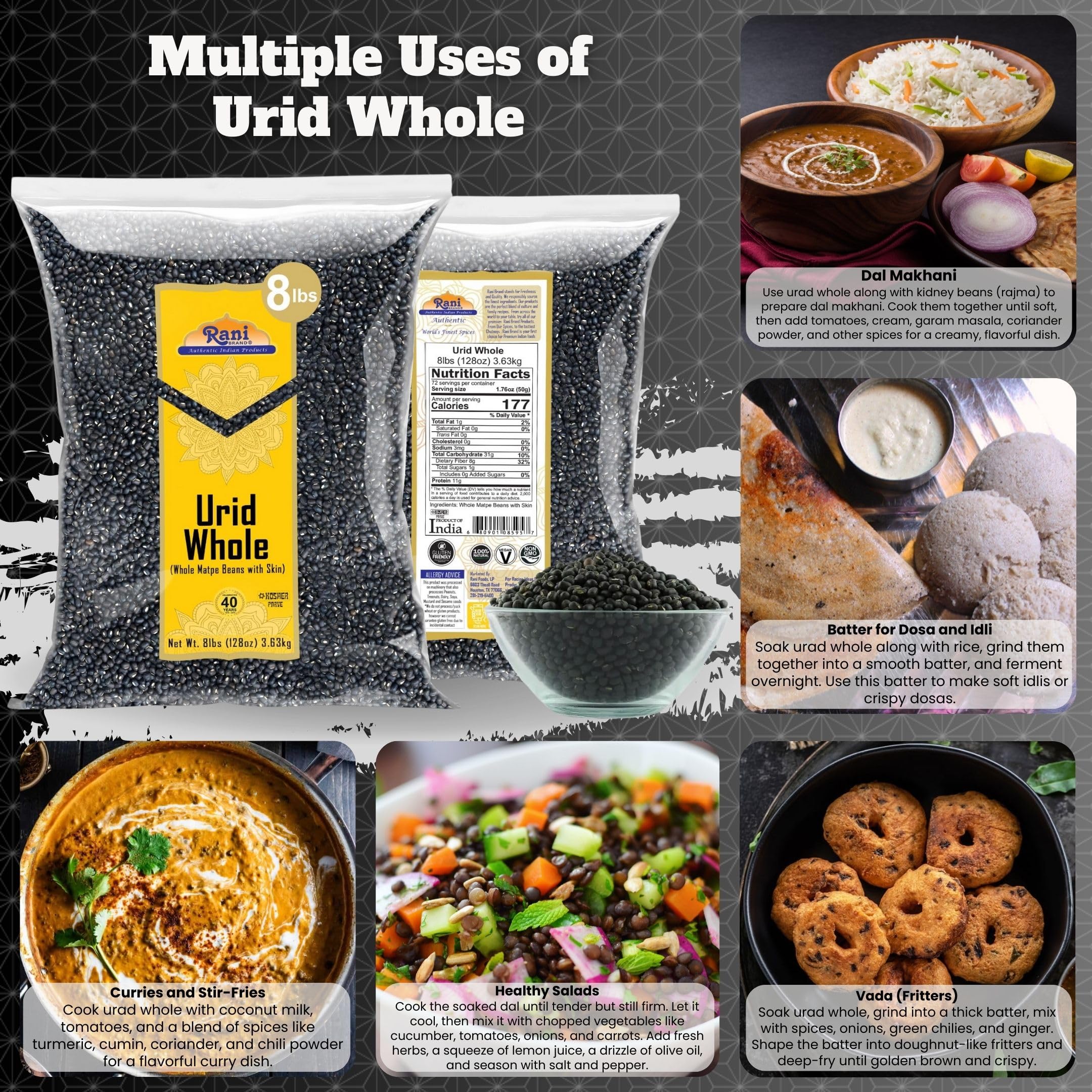 Rani Urid / Urad Whole Black (Matpe Beans) Lentils, 128oz (8lbs) 3.6kg Bulk ~ All Natural | Gluten Friendly | NON-GMO | Kosher | Vegan | Indian Origin - Image 2