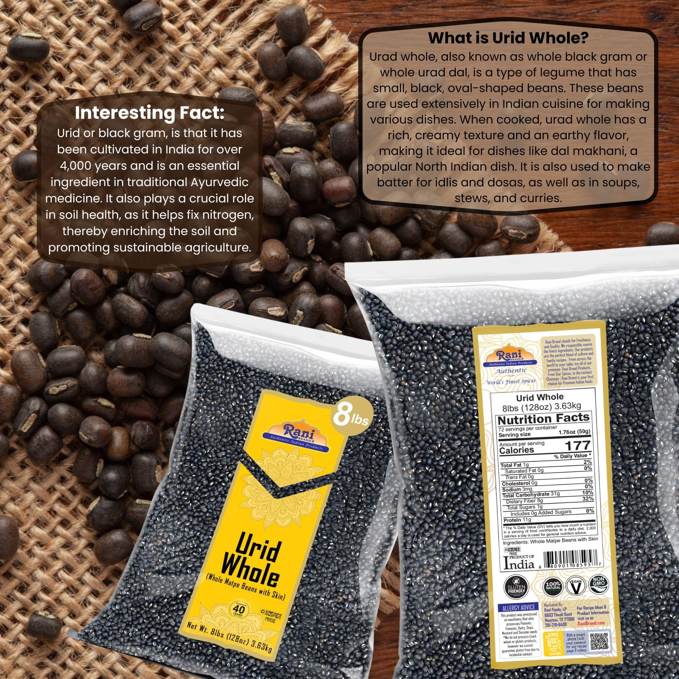 Rani Urid / Urad Whole Black (Matpe Beans) Lentils, 128oz (8lbs) 3.6kg Bulk ~ All Natural | Gluten Friendly | NON-GMO | Kosher | Vegan | Indian Origin - Image 3