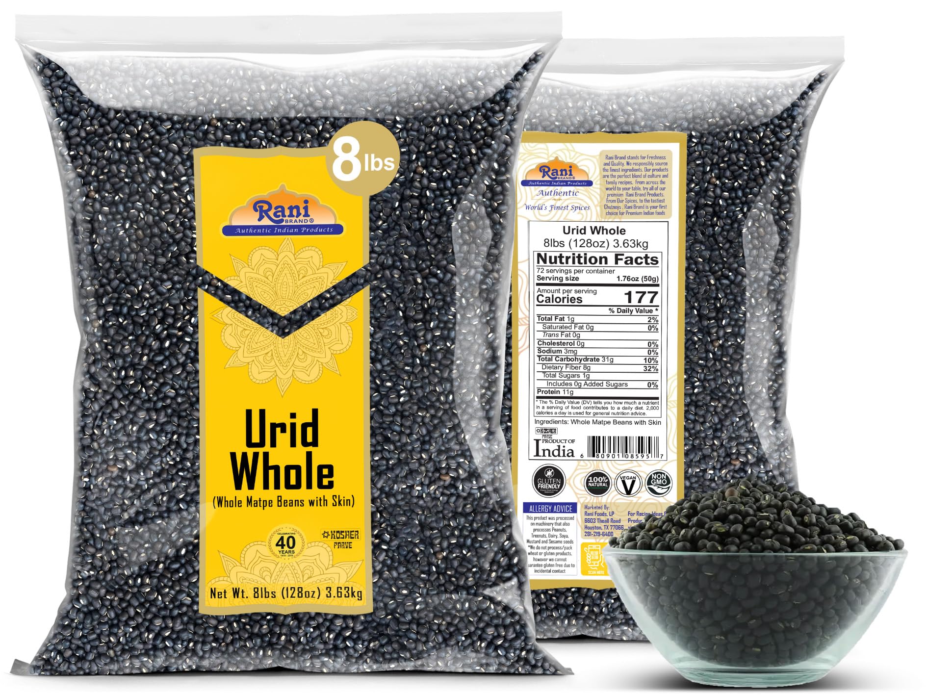 Rani Urid / Urad Whole Black (Matpe Beans) Lentils, 128oz (8lbs) 3.6kg Bulk ~ All Natural | Gluten Friendly | NON-GMO | Kosher | Vegan | Indian Origin - Image 6