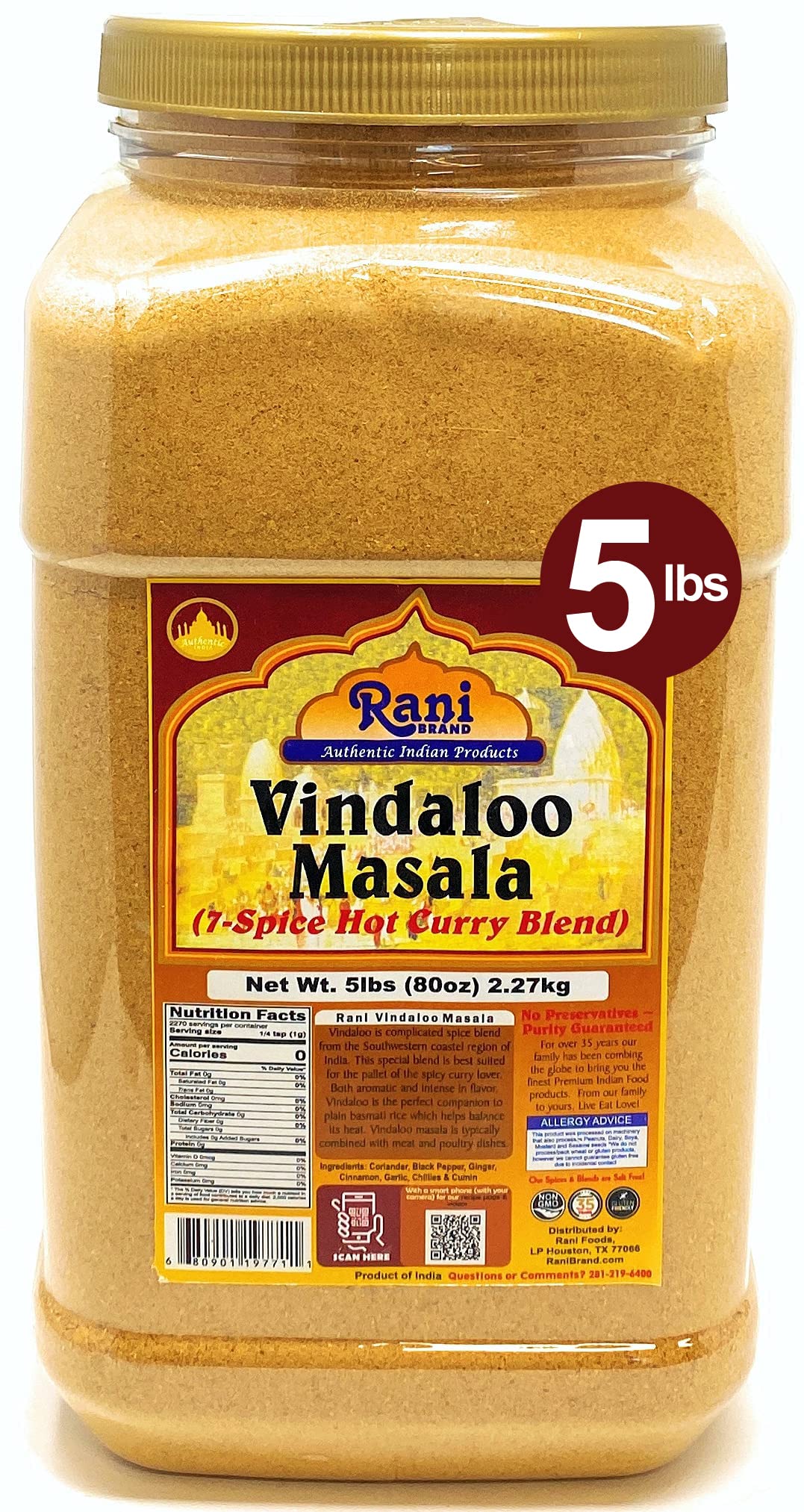 Rani Vindaloo Curry Masala Natural Indian Spice Blend 80oz (5lbs) 2.27kg Bulk PET Jar ~ Salt Free | Vegan | Gluten Friendly| NON-GMO | No colors | Indian Origin