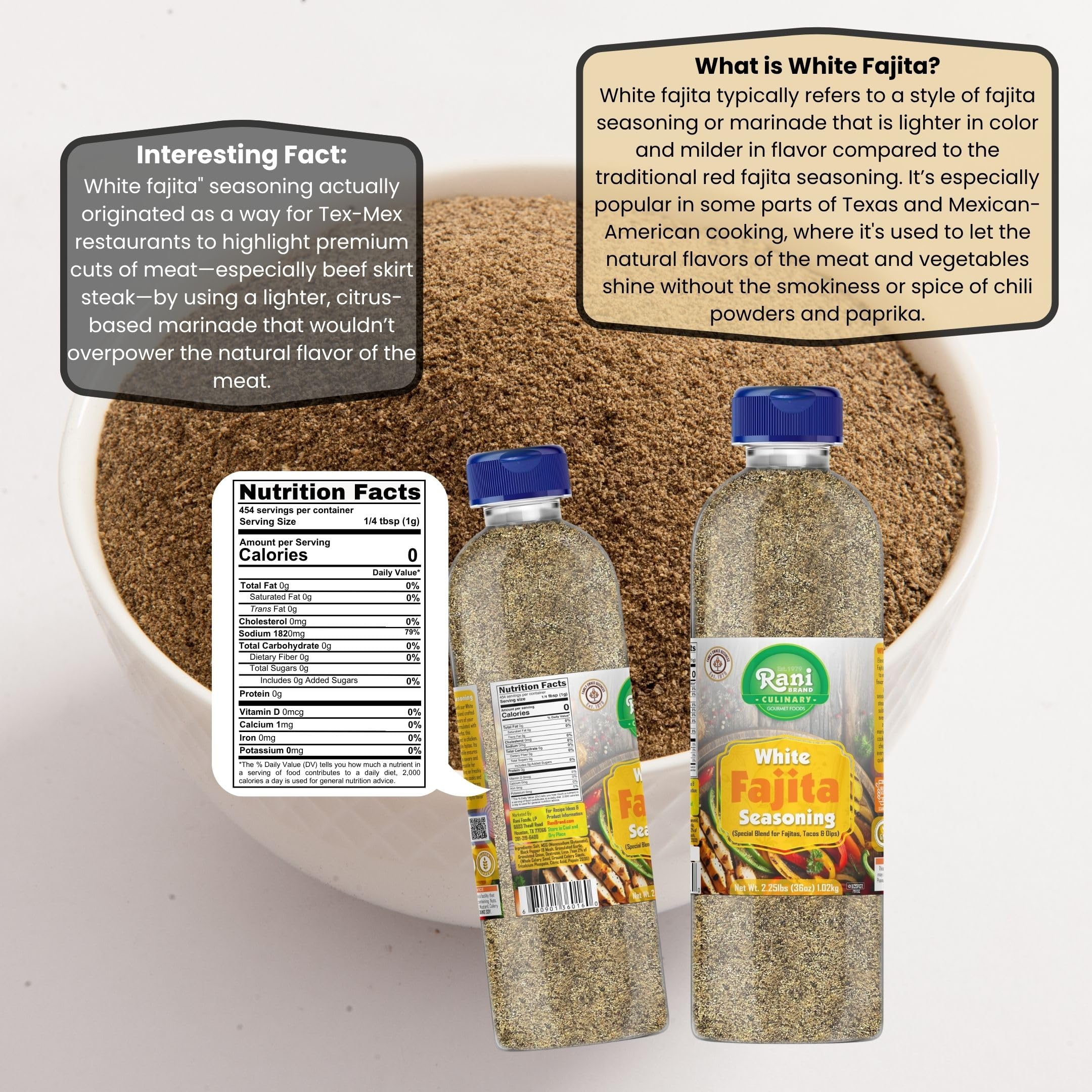 Rani White Fajita Seasoning (Special Blend for Fajitas, Tacos & Dips) 20oz (1.25lbs) 567g PET Jar ~ All Natural | Gluten Friendly | NON-GMO | Kosher | Vegan | Product of USA - Image 3