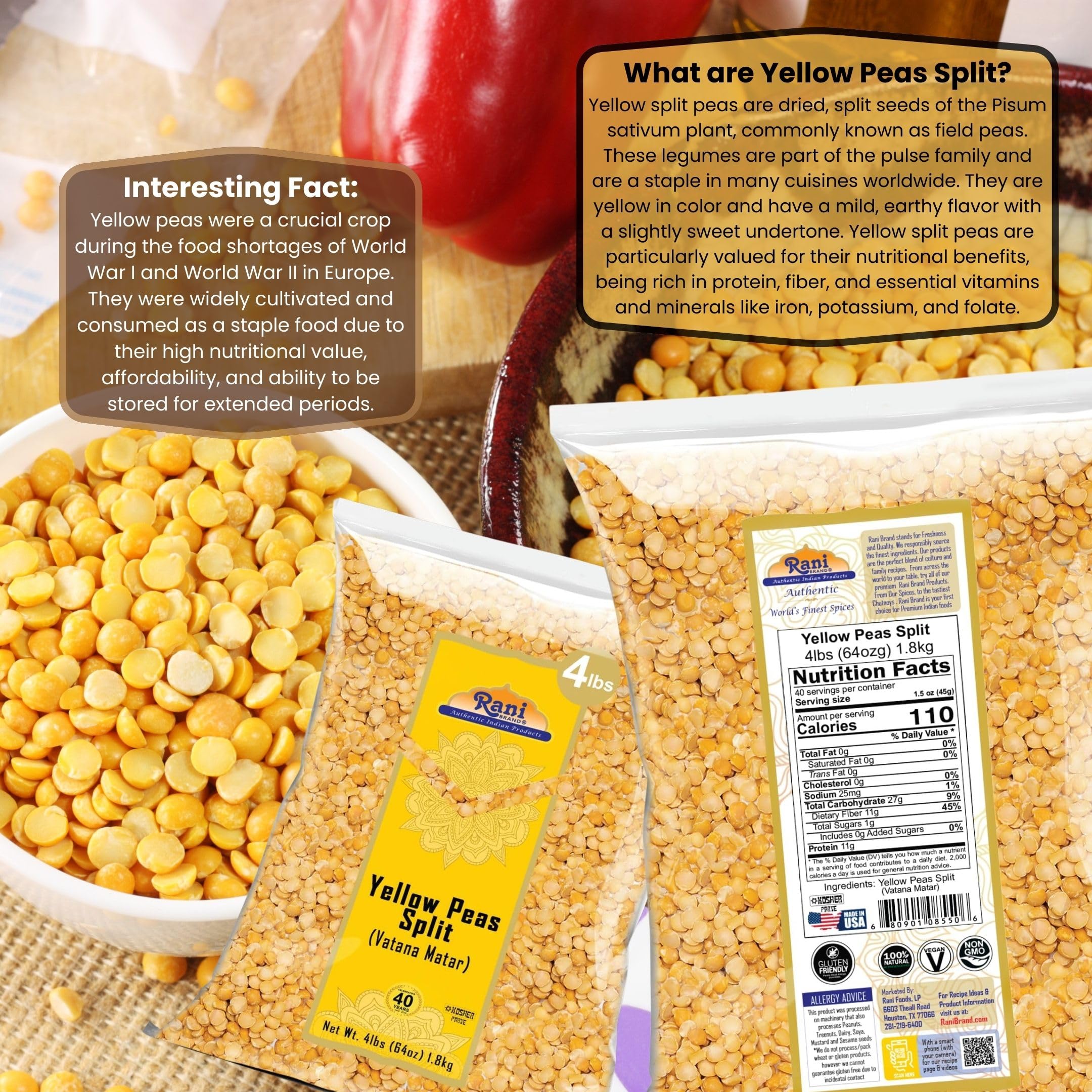 Rani Yellow Peas Split, Dried (Vatana, Matar) 64oz (4lbs) 1.81kg Bulk ~ All Natural | Vegan | Gluten Friendly | Kosher | Product of USA - Image 3
