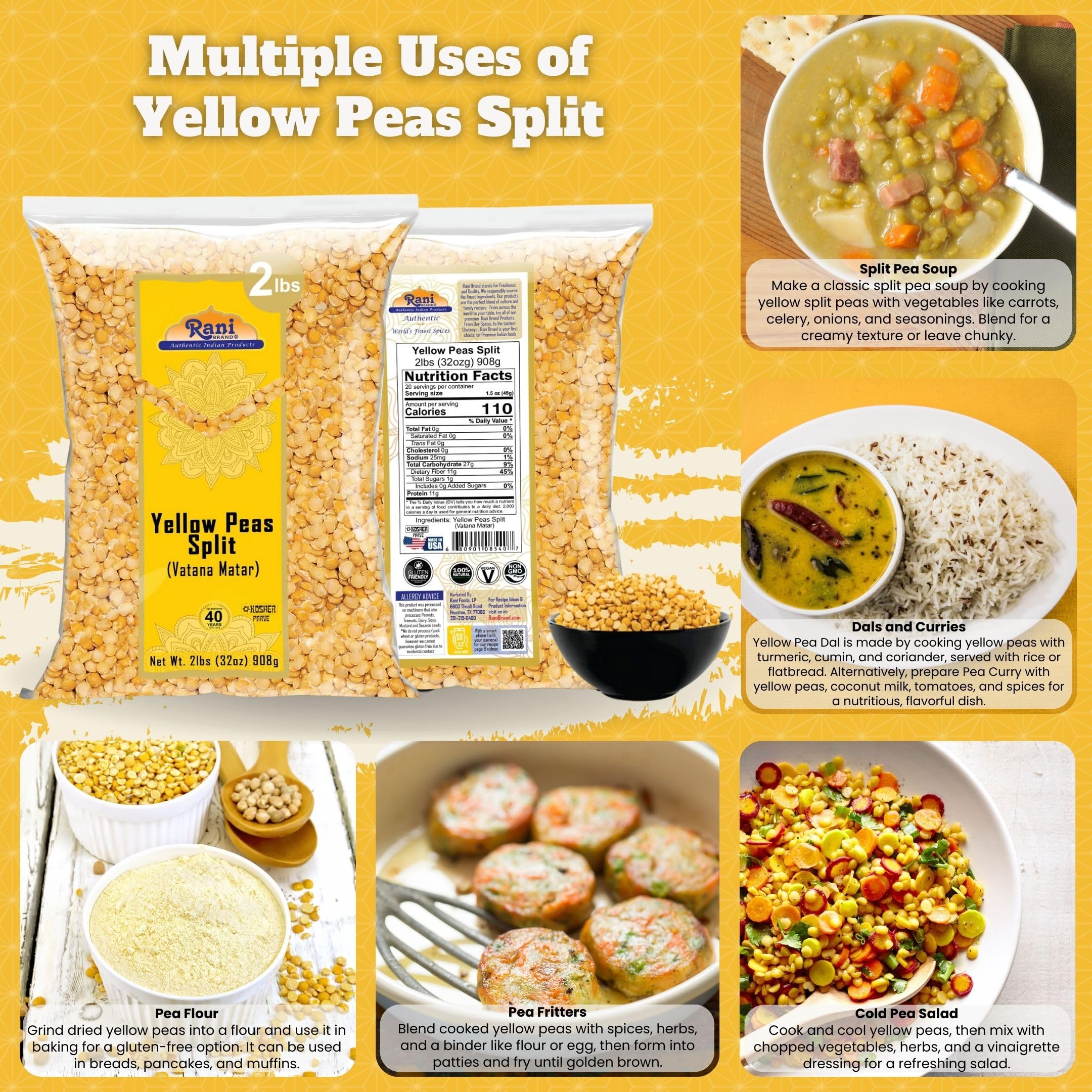 Rani Yellow Peas Split, Dried (Vatana, Matar) 32oz (2lbs) 908g ~ All Natural | Vegan | Gluten Friendly | Kosher | Product of USA - Image 2