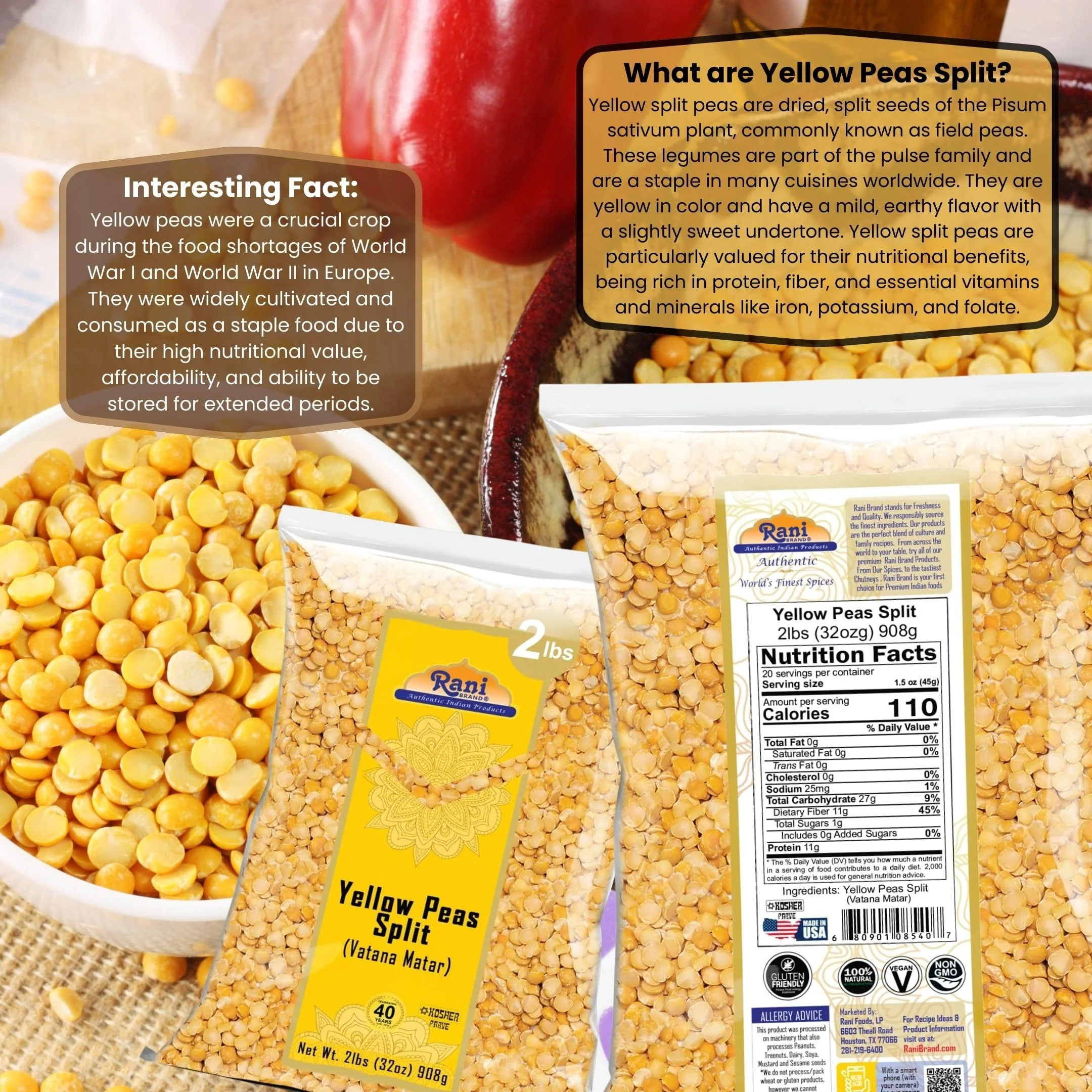 Rani Yellow Peas Split, Dried (Vatana, Matar) 32oz (2lbs) 908g ~ All Natural | Vegan | Gluten Friendly | Kosher | Product of USA - Image 3